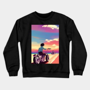 JAPANESE STYLE COOL RETRO MOTORCYCLE ON THE BEACH Crewneck Sweatshirt